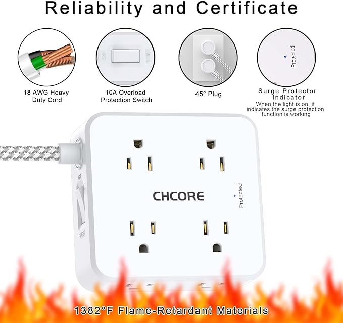5Ft Flat Plug Braided Extension Cord - CHCORE Surge Protector Power Strip with 8 Outlets and 2 USB-C (PD 30W) Fast Charging Ports and 2 USB-A Ports for Home, Office, Dorm Room Essentials, ETL, White