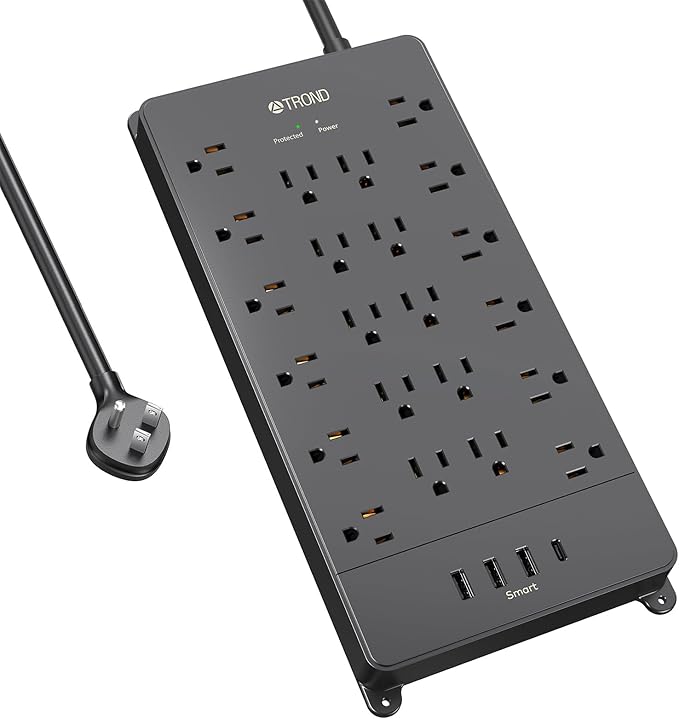 TROND Surge Protector Power Strip with USB Ports, 5ft Flat Plug Extension Cord, 22 Widely Spaced Outlets with 4 USB, 4000 Joules, 14AWG Heavy Duty, ETL Listed, Wall Mountable for Home Office, Black