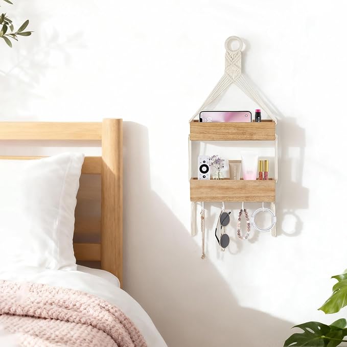 Mkono Bedside Shelf Organizer Macrame Wall Hanging Girls Room Decor Small | - Image 2
