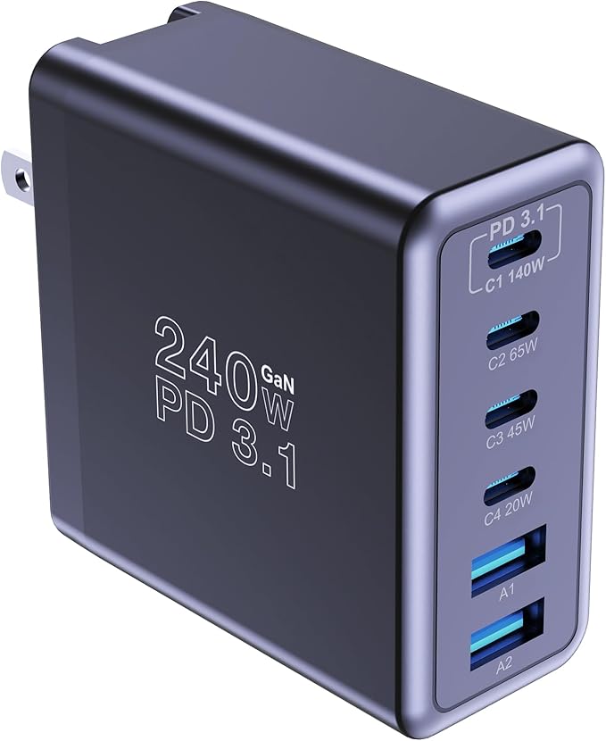 Graaci 240W USB C Charger, 140W Laptop Fast Charger, PD3.1 PPS 6-Port USB Type C Wall Charger, Advanced GaN Power Adapter, for MacBook Pro 16'', iPhone 16 Series, iPad Pro, Galaxy, Pixel, and More