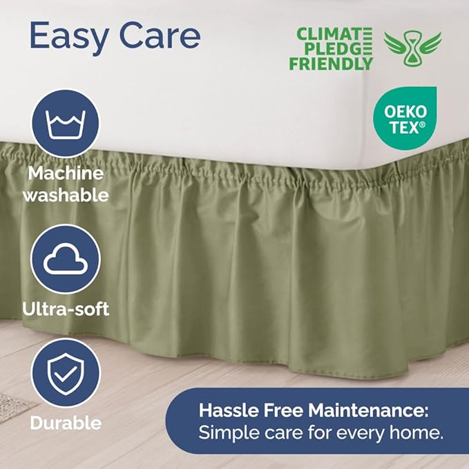 Wrap Around Dust Ruffle Bed Skirt - Sage Green - for King Size Beds with 12 Inch Drop - Elastic Strap - Adjustable Pleated Bedskirt with Brushed Fabric and Wrinkle Free - for Women, Men, Kids & Teens
