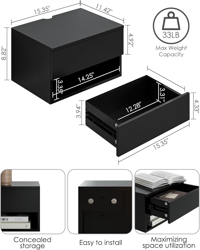 Modern Black Floating Nightstand - Image 2