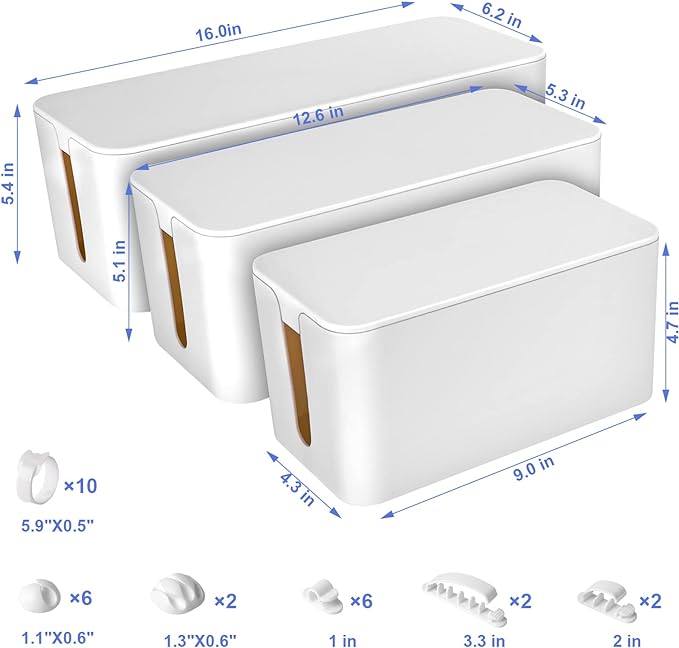 Cable Organizer Box Set of Three, Power Cover Cord Holder Surge Protector for Desk (White)