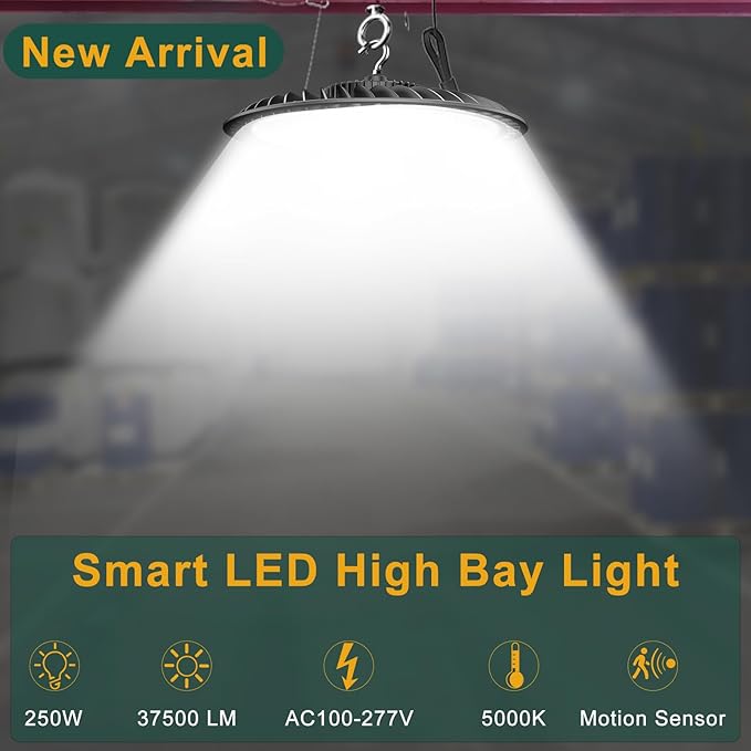 ACOHOOK 250W High Bay LED Shop Lights 37500lm UFO LED Lights AC100-277V UFO High Bay Light with Smart Control Supports Normal Mode & Motion Sensor Mode(Energy Saving)-4Pack