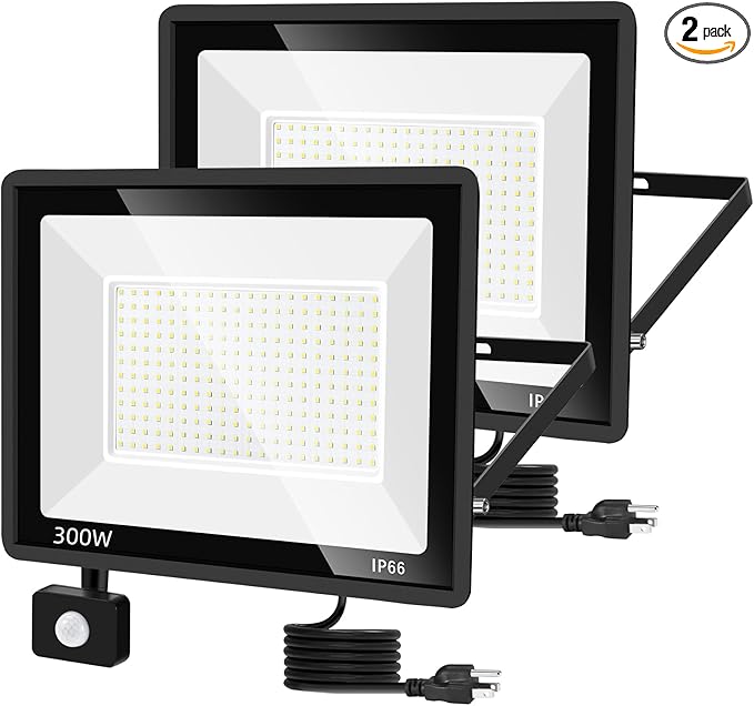 YANYCN 2 Pack 300W LED Motion Sensor Flood Light,LED Work Light with Plug,Super Bright IP66 Waterproof Floodlight Outdoor 43500 lumens 5000K Daylight Dusk to Dawn Security Light for Garage,Front Porch