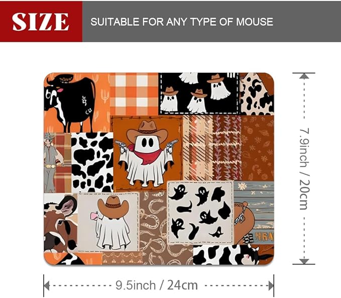 Ghost Cowboy Patchwork Halloween Square Mouse pad, Texture, Waterproof, Anti Slip Rubber Base, Computer Mouse pad, Laptop Mouse pad