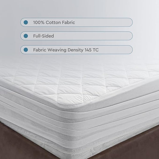 YATAS BEDDING Perle Quilted Fitted Mattress Protector, Machine Washable and Easy Care, Superior Protection and Comfort,100% Cotton Breathable top, White (Queen) - 59"x79" - 14" Deep Pocket