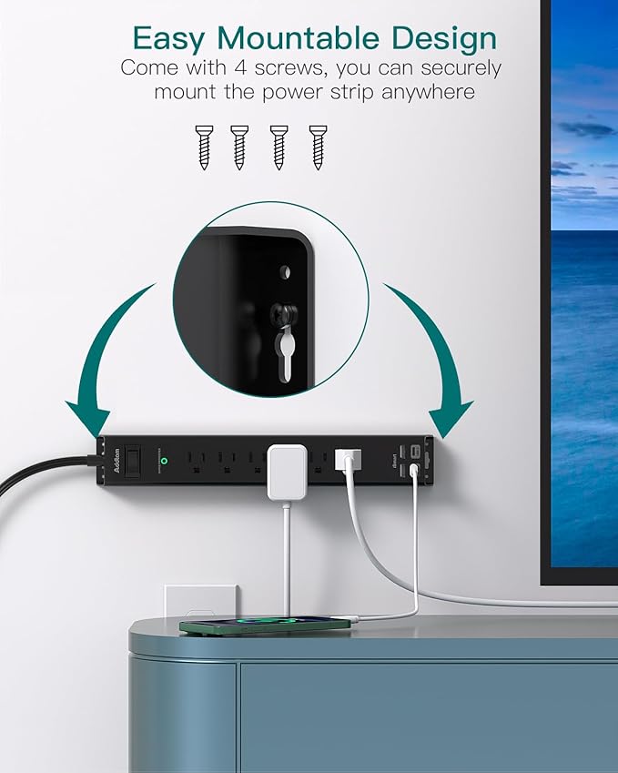 Surge Protector Power Strip - Addtam 10Ft Extension Cord with 6 AC Outlets and 4 USB Ports(2USB C), Wall Mount, Long Cord Power Strip for Home Office College Dorm Room Essentials