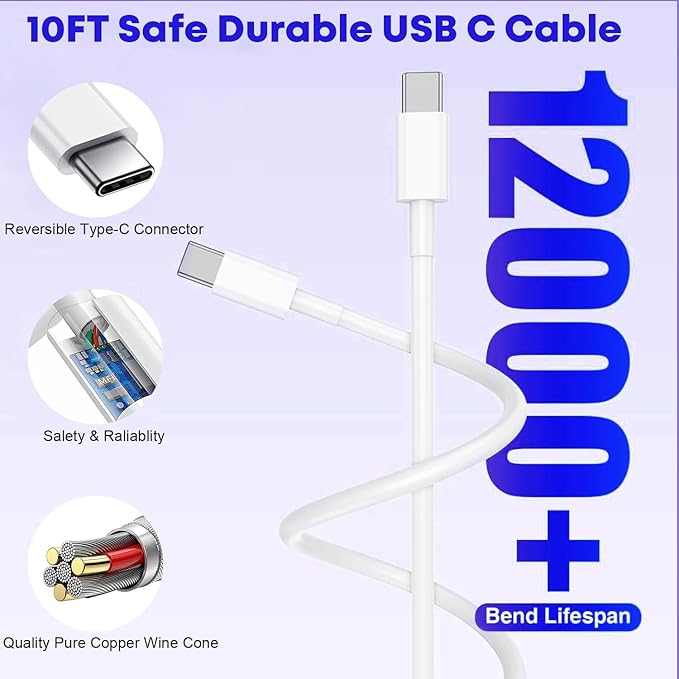 Fast Charger for iPhone 17/16/15 Charger,10FT Extra Long Fast Charging 3Pack Block USB-C to USB C Fast Charging Cable Cord for iPhone Air/17 Pro Max/iPhone 16 Pro/16 Plus/15 Pro Max,iPad Pro/Air/Mini