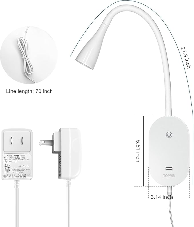Wall Reading Light for Books in Bed, USB Output Headboard Wall Lamp, 5 Dimmable - Image 3