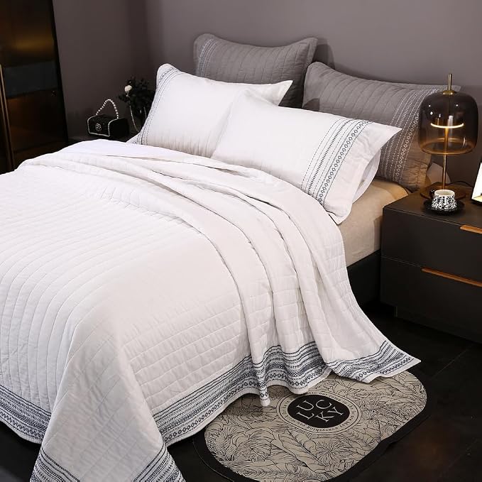 ROOMLIFE 100% Cotton Quilt Set King Embroidery Geometric Pattern 3-Piece | - Image 3