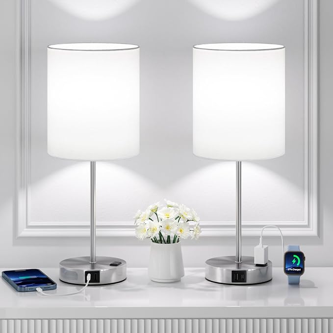 17.6" Silver Touch Lamps for Bedroom Set of 2, USB C+A, AC Outlet | Large 17.6" - Image 8