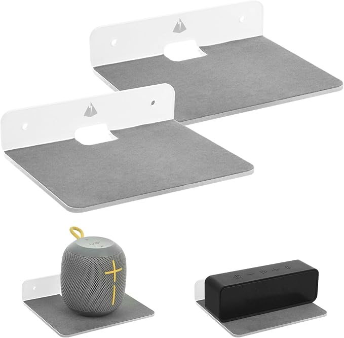 TXEsign Wall Shelves - 2 Pack, Small Wall Mount for Speaker, Webcam, Cell Phones, Display Shelf (Silky White & Transparent, Medium)
