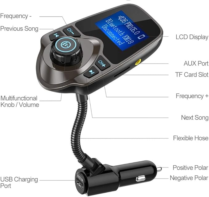 Nulaxy Bluetooth Car FM Transmitter Audio Adapter Receiver Wireless Handsfree Car Kit TF Card AUX 1.44 Display – KM18 Brown