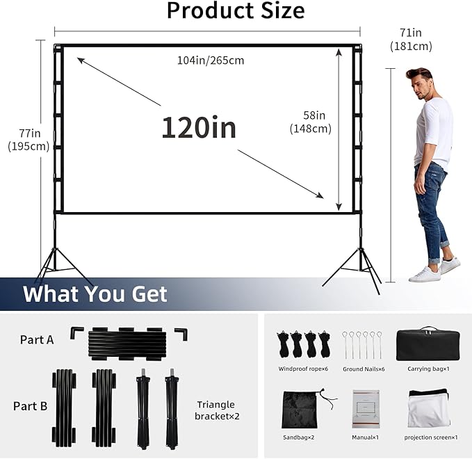 Projector Screen and Stand, Wootfairy 120 inch Foldable and Portable Projection Screen 16:9 4K HD Rear Front Wrinkle-Free Movie Screen with Carry Bag for Indoor Outdoor Home Theater Backyard Cinema