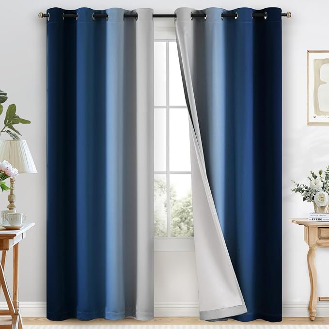 COSVIYA Grommet 100% Blackout Blue Ombre Curtains White Back, W52xL84 Inch | 2 by COSVIYA