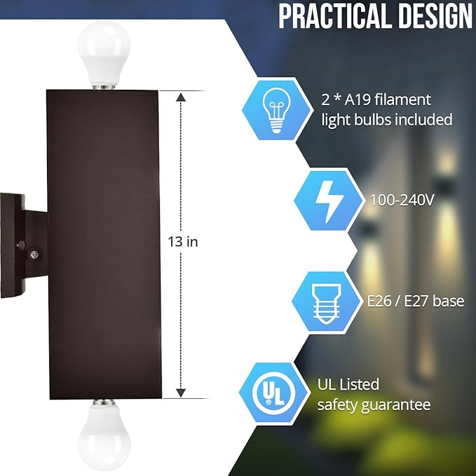 wowlite Modern Up Down Wall Lights Outdoor with Dusk to Dawn Photocell Sensor, LED Outdoor Wall Lighting, Waterproof Bronze Porch Lantern, 13" Square Wall Sconce for House Garden Entrance