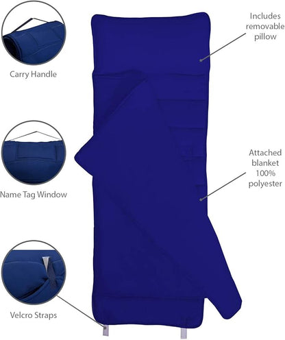 EVERYDAY KIDS Nap Mat with Removable Pillow - Navy - Carry Handle with Straps Closure, Rollup Design, Soft Microfiber for Preschool, Daycare, Travel Sleeping Bag - Ages 3-6 Years