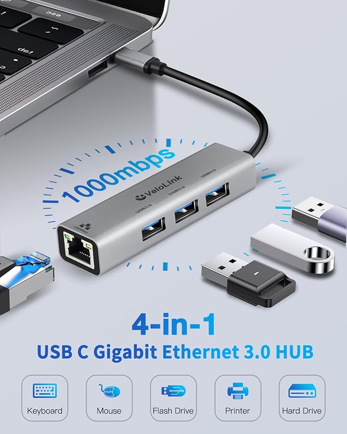 Velolink 4-in-1 USB 3.0 Hub with Gigabit Ethernet Adapter for Laptop, PC, MacBook Pro (RJ45 TYPEC HUB 01)