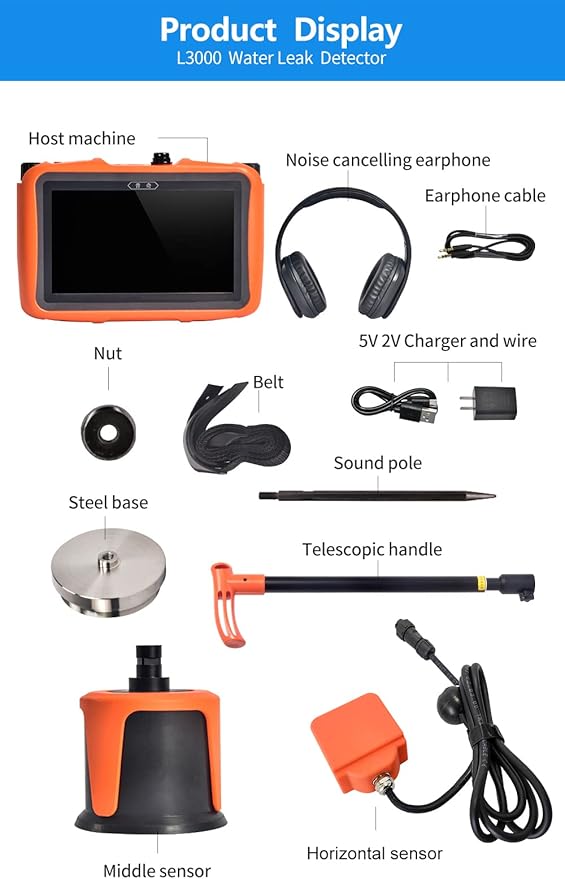 PQWT L3000 Acoustic Water Leak Detector for Home and Outside Ground Wall Water Pipeline Leakage Detection Kit Multi Sensor Professional Noise Reduction Headphone Smart Touchscreen Aluminum Carry Case