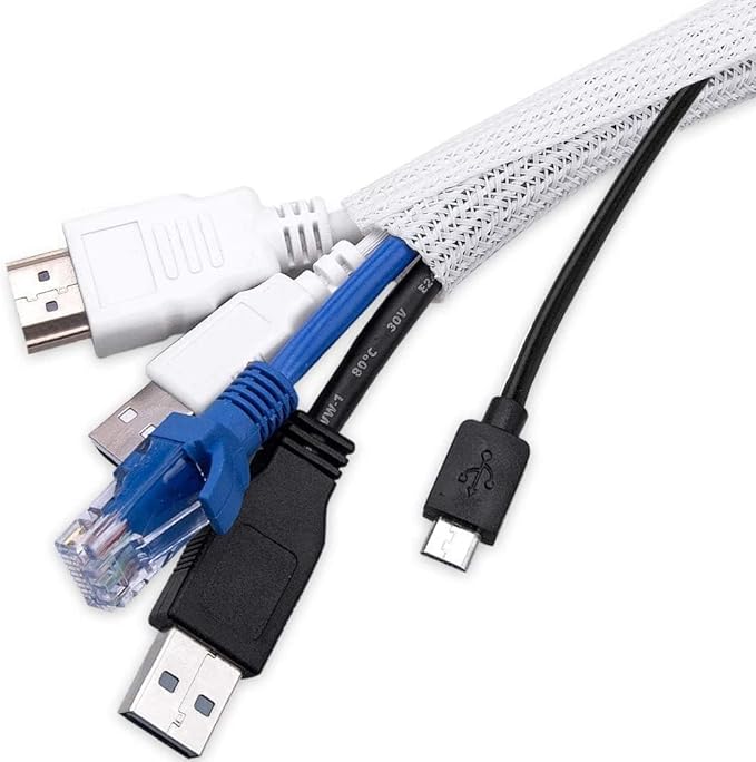AGPTEK Cable Sleeve Cover, 25ft - 4/5 inch Desk Cord Organizer Cable Hider, Home Office Wire Management Computer TV Wire Loom Tubing, Pet Proof Cord Protector, from Cat Dog Chewing, White