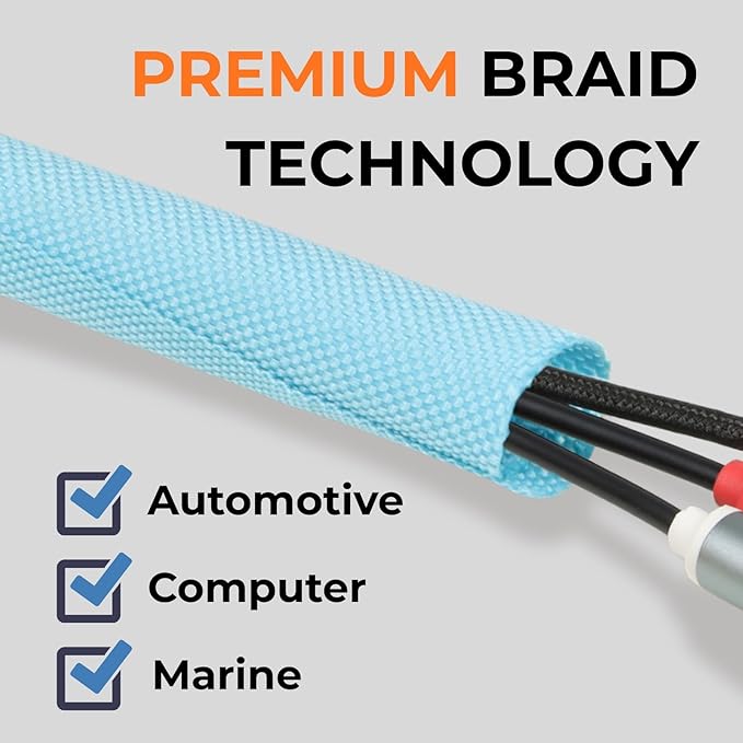 HOLED 1/2 inch Split Braided Cable Management Sleeve for USB Cable Power Cord Audio Video Cable, Wire Loom Cord Protector from Cat Dog Chewing (Sky Blue, 25FT)
