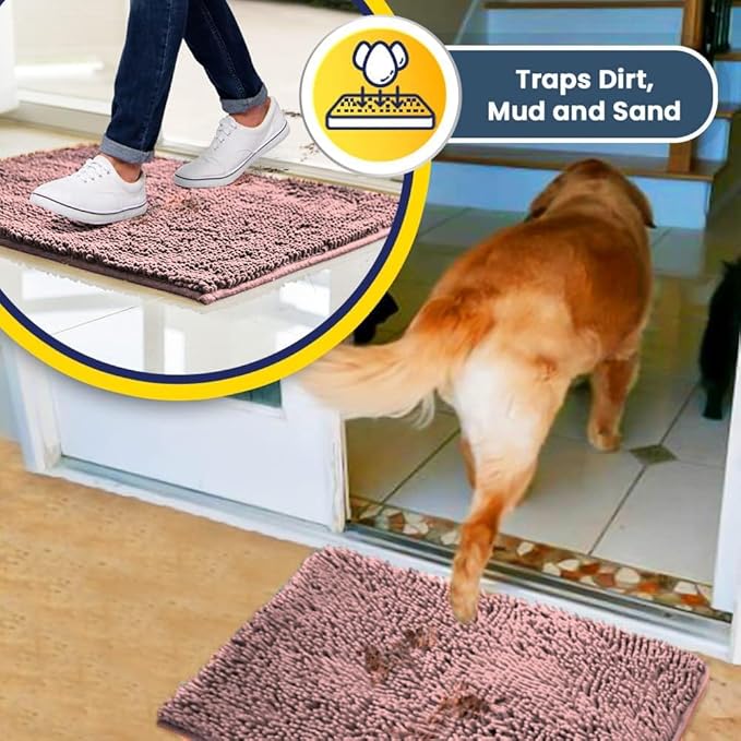 Muddy Mat® AS-SEEN-ON-TV Highly Absorbent Microfiber Door Mat and Pet Rug, Non Slip Thick Washable Area and Bath Mat Soft Chenille for Kitchen Bedroom Indoor and Outdoor - Light Pink 36" x 120"