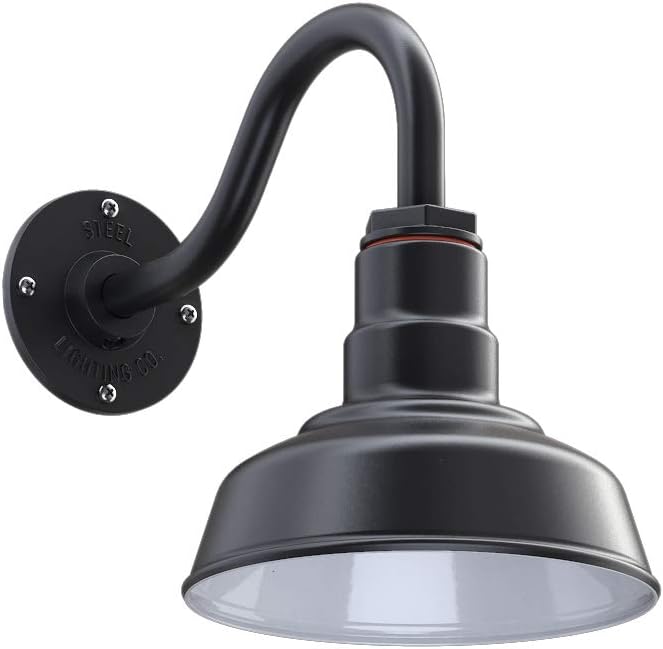 Steel Lighting Co. Hawthorne Barn Light | Outdoor Wall Mounted | 8 inch Dome | 11 inch Gooseneck| Small Farmhouse Light Made in America | Matte Black Exterior/White Interior