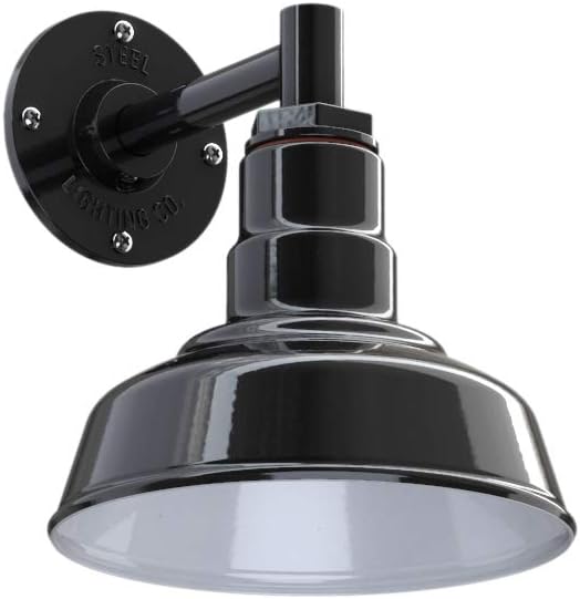 Steel Lighting Co. Hawthorne Barn Light | Outdoor Wall Mounted | 8 inch Dome | 6 inch Straight Arm| Small Farmhouse Light Made in America | Black Exterior/White Interior