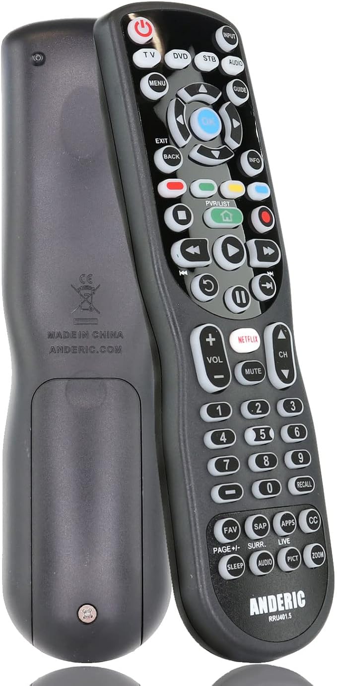 4-in-1, 4-Device IR Universal Remote Control with Macro, Learning, Backlit, Netflix Apps Keys for All TVs, Streaming Players, BluRay Player, Audio, Cable, Roku, Apple TV and More - Anderic RRU401
