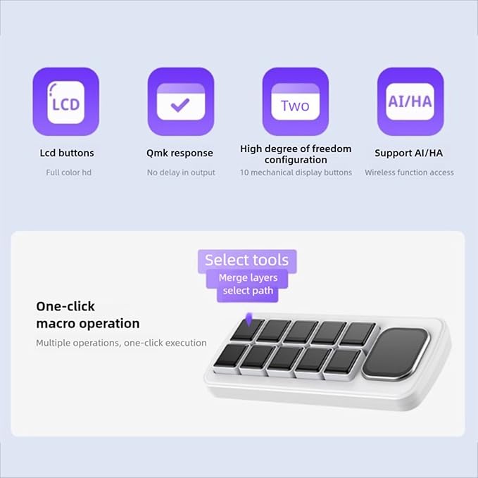 Yunseity AI Voice Control Panel, 10 LCD Mechanical Buttons with 2.01 Inch Auxiliary Screen, Support for Wins for OS X with Dynamic Theme Editor, for Smart Home Automation (Black)