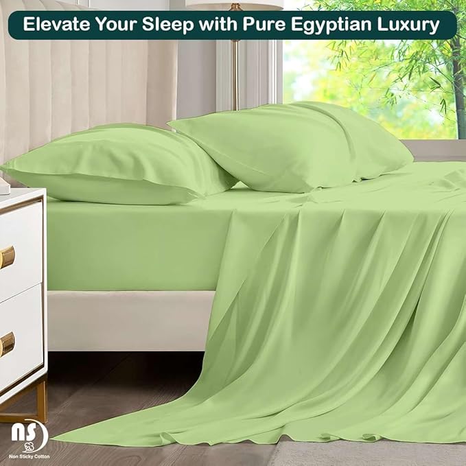 NON Sticky cotton Queen Size Sleeper Sofa Sheets, 4 Piece Egyptian Cotton Bed Sheet Set for Sofa Bed, 7" Deep Pocket for Pull Out Couch Mattress, 60" x 75", Sage Solid, Soft & Breathable