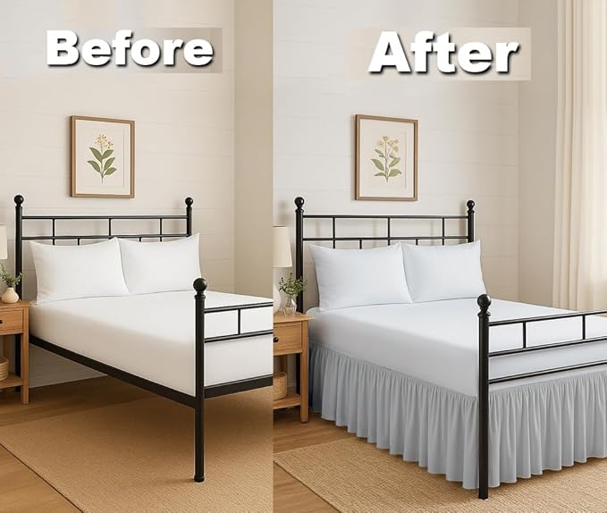 Ruffled Bed Skirt Split Corners with Platform, Tailored Fit Hotel Quality Wrinkle Free Ultra-Soft Microfiber Dust Ruffle, Upto 12 Inch Drop, Twin XL, Light Grey