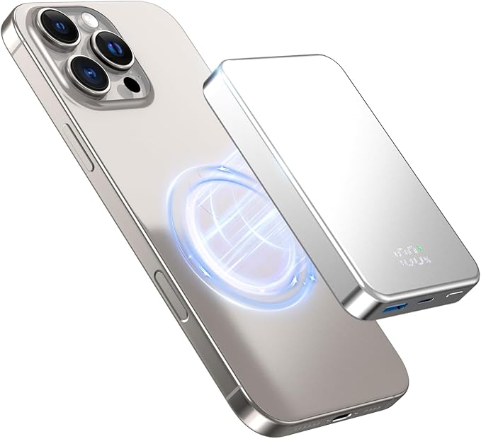 POAQCIF for Magsafe Portable Charger, Aluminum Alloy Small 10000mAh 20W PD Magnetic Power Bank, USB-C in&Out Wireless Battery Pack Phone Charger for iPhone 16/15/14/13/12 Plus Pro Max Series -Silvery