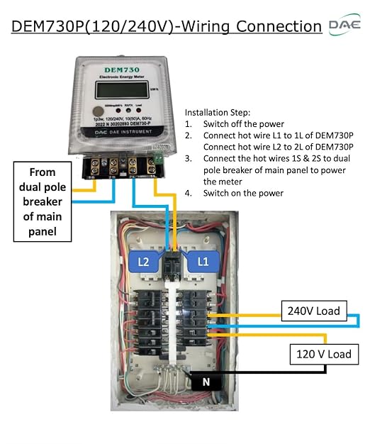 DAE DEM730P Electric kWh Submeter, RS485, 1P3W (2 Hot wire, 1 Neutral), 120/240V, 50A, Internal CT