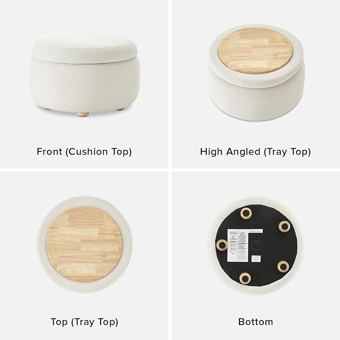mopio Luna Round Ottoman with Storage and Tray, Round Coffee Table with Storage - Image 8