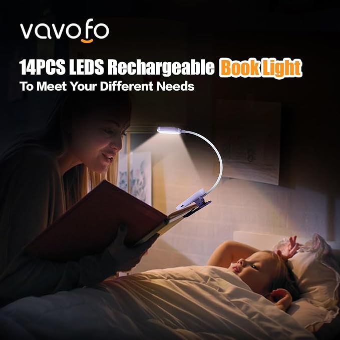 VAVOFO Rechargeable Book Light, 14 LEDs Eye Care Clip On Amber Reading Light - Image 2