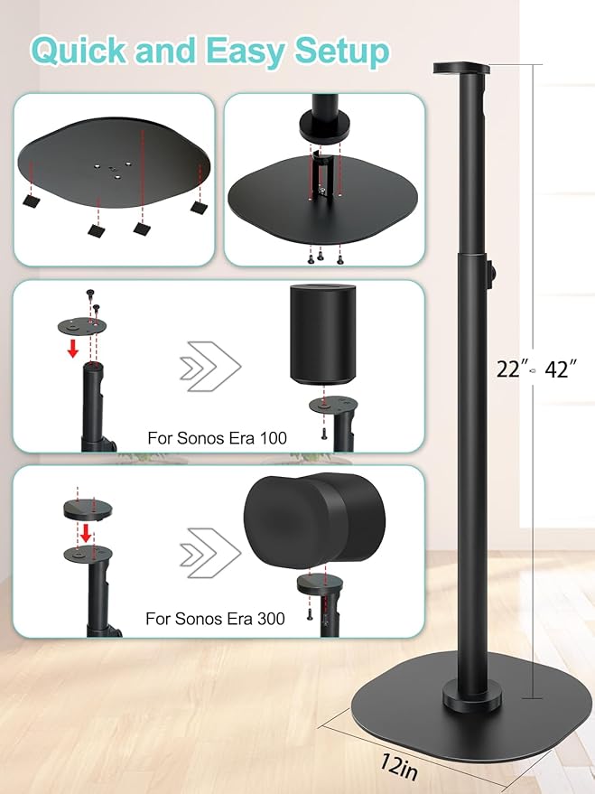 Haturi Speaker Stand Single for Sonos ERA 300 & 100, Height Adjustable 22”–42” Floor Stand with Cable Management Heavy Duty Metal Construction Non Slip Base for Living Room Bedroom Office