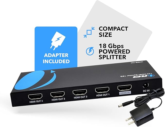 OREI HDMI Splitter 1 in 4 Out – 1x4 4K@60Hz HDMI 2.0 UHD Powered 4-Port HDMI Splitter with HDCP 2.2, EDID Management, 18Gbps Bandwidth – 4-Way Output for TV, Fire Stick, PS5, Blu-ray
