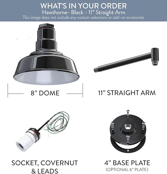 Steel Lighting Co. Hawthorne Barn Light | Outdoor Wall Mounted | 8 inch Dome | 11 inch Straight Arm| Small Farmhouse Light Made in America | Black Exterior/White Interior