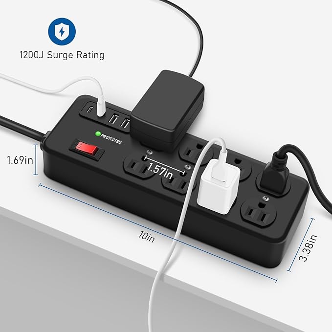 Heavy Duty Power Strip with USB,8 Outlet Workshop Metal Power Strip,PD20W USB C 15A 1200 Joules Surge Protection,Wide Spaced,6FT Cord