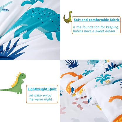 PERFEMET 4 Pieces Toddler Bedding Set Cartoon Dinosaur Print Comforter Sheet Set for Boys Microfiber Soft Toddler Comforter Set Includes Comforter, Flat Sheet, Fitted Sheet and Pillowcase, Colorful