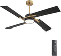 WINGBO 54 Inch Ceiling Fan with Light and Remote, 4 Plywood Blades, 6-Speed Reversible DC Motor, Dimmable, 3CCT, Farmhouse Ceiling Fan for Bedroom Living Room Kitchen, Brass and Black