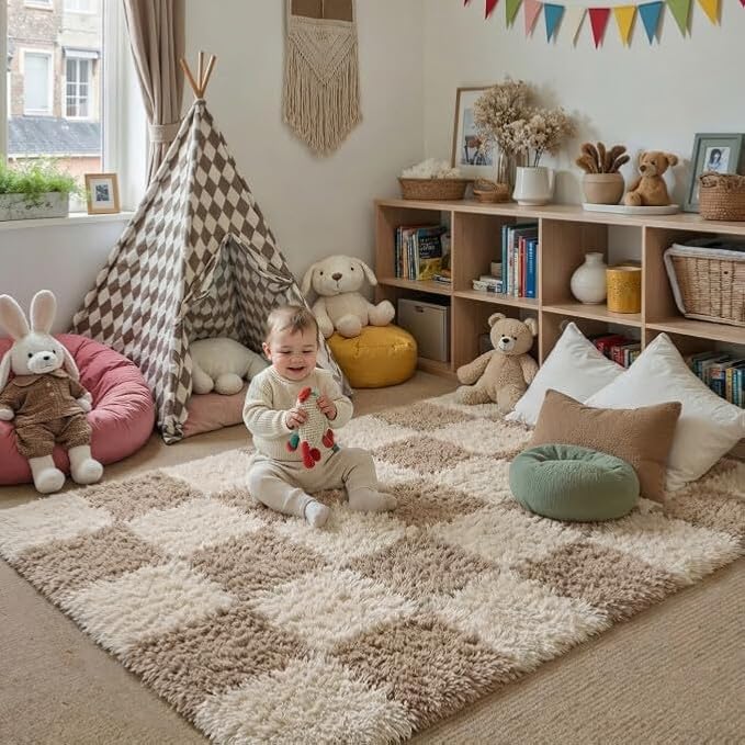 Beige 4x6 Area Rug for Kids Room Soft Fluffy Checkered Shag Carpet | Machine - Image 3