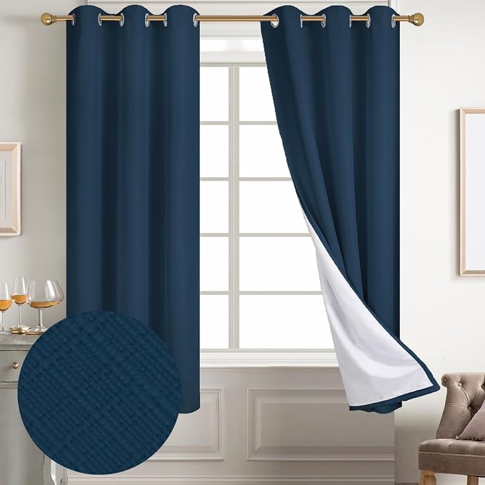 Diraysid 100% Blackout Curtains Navy Blue Linen Curtains - Image 2