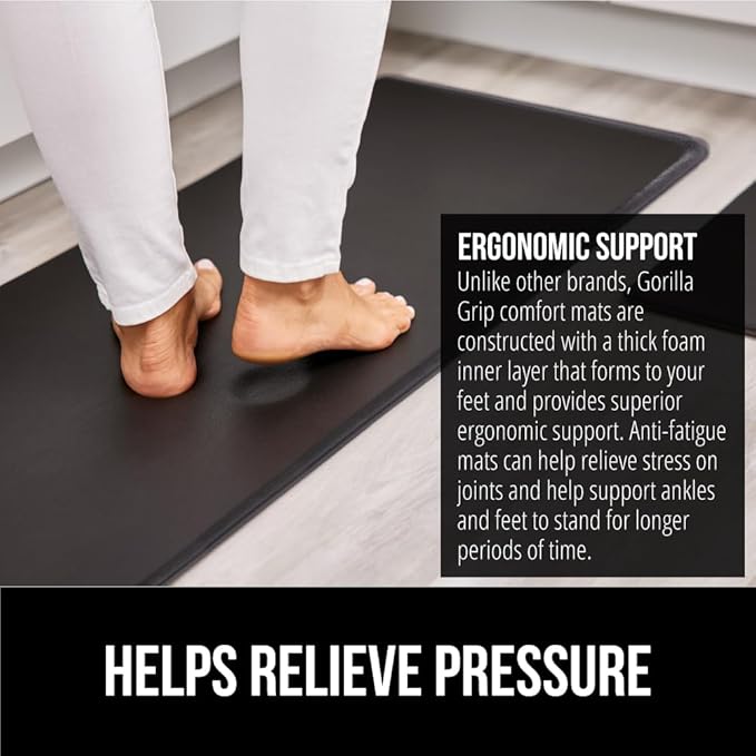 GORILLA GRIP 2 Pack Comfortable Cushioned Kitchen Mats for Floor, 17x29 + 17x59, Waterproof and Stain Resistant, 1/2 Inch Thick Soft Ergonomic Standing Desk Anti Fatigue Mat, Foam Supports Feet, Black