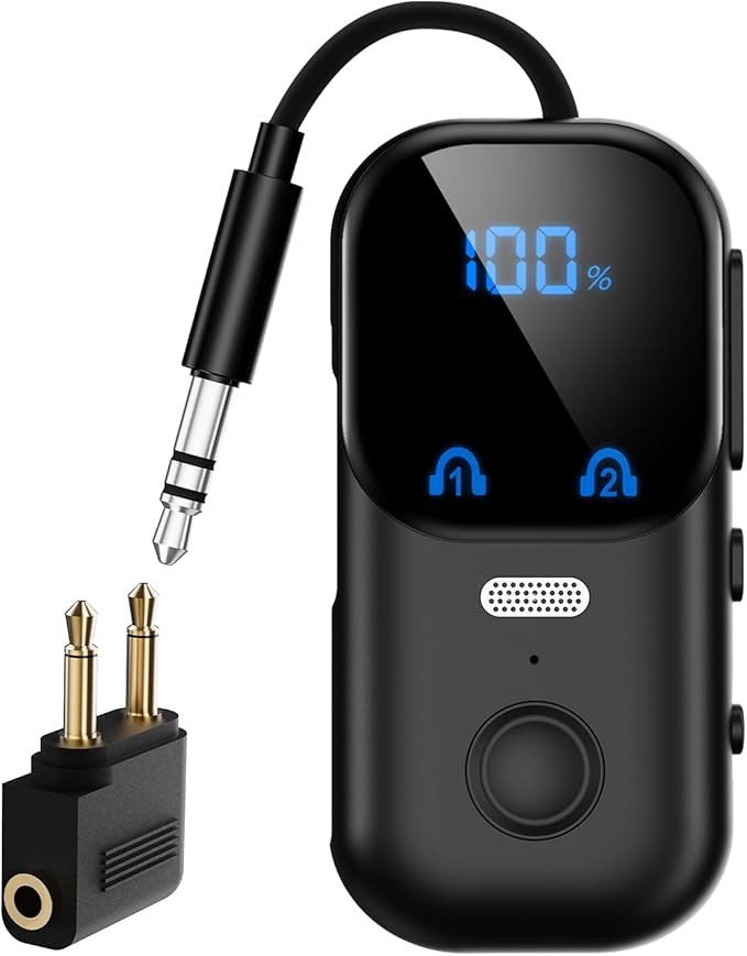 Bluetooth 5.4 Transmitter Receiver aptX Adaptive for 2 AirPods/Headphones, 2-in-1 Bluetooth Audio Adapter with Mic & LED Display for TV, Airplane Travel, 3.5mm AUX Wireless Adapter for Car/Home Stereo