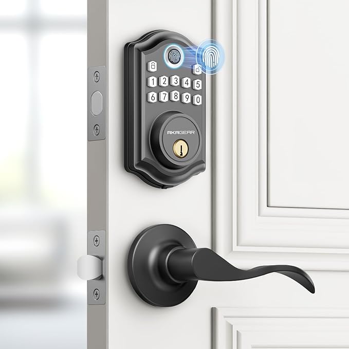 AkaGear DS10 Keyless Entry Door Lock with Handle - 2 Lever Handles, Fingerprint Door Lock, Keypad Deadbolt, 2 Keys, Code, Smart Locks for Front Door, Auto-Lock, Easy Installation - Matte Black
