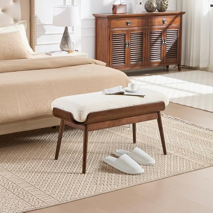 BFZ 37.4" Upholstered Bedroom Bench Walnut Wood Frame Entryway Bench | Padded - Image 5
