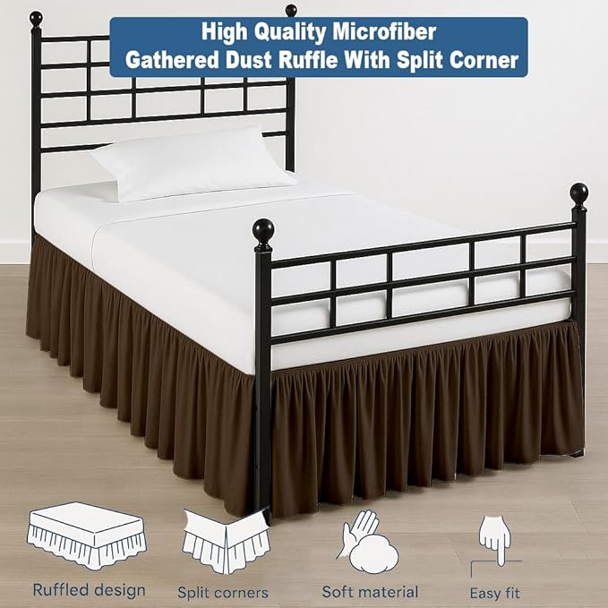 Ruffled Bed Skirt Split Corners with Platform, Tailored Fit Hotel Quality Wrinkle Free Ultra-Soft Microfiber Dust Ruffle, Upto 28 Inch Drop, Twin, Chocolate